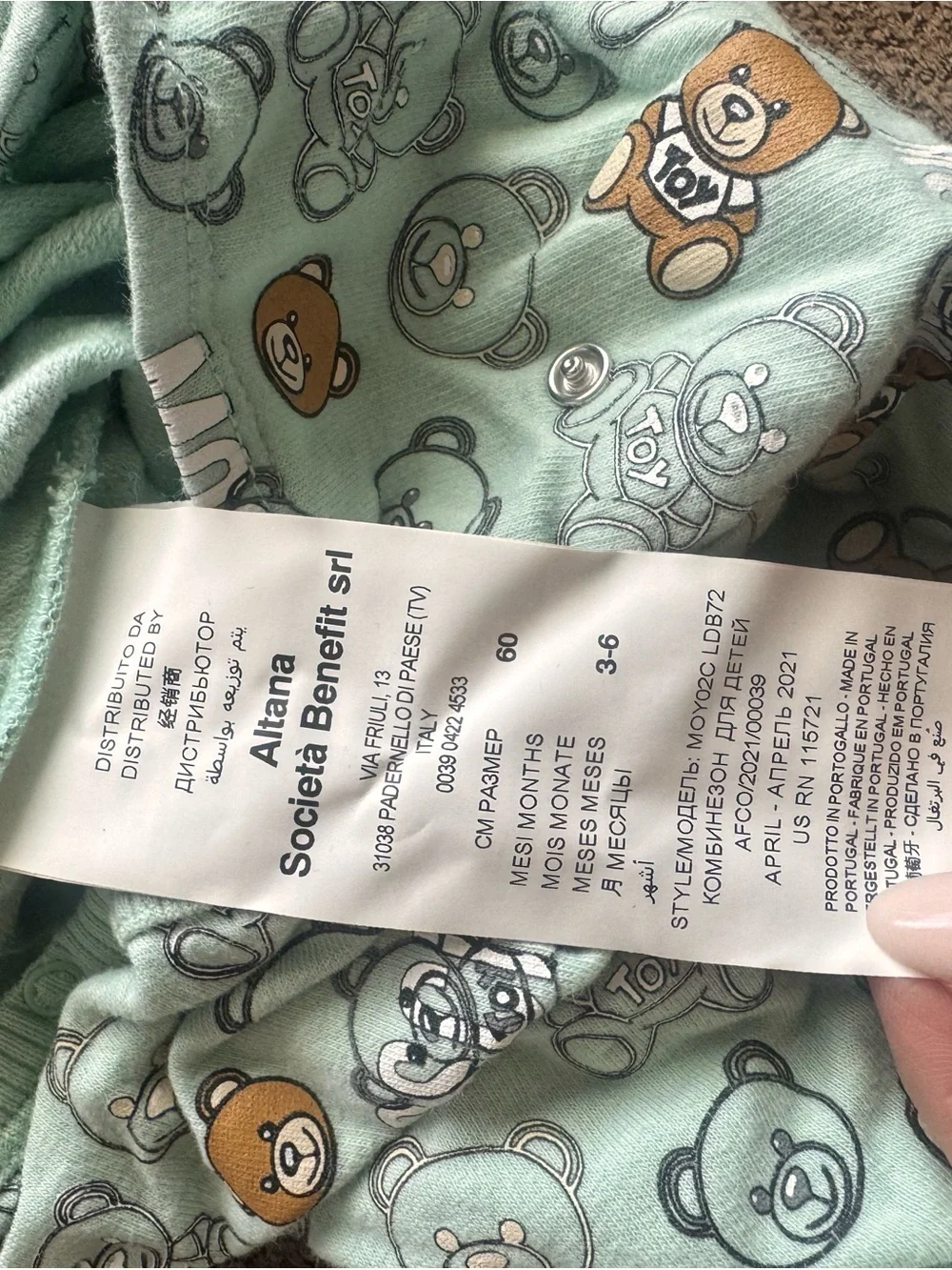 Moschino Mint Green Teddy Bear Print Footie